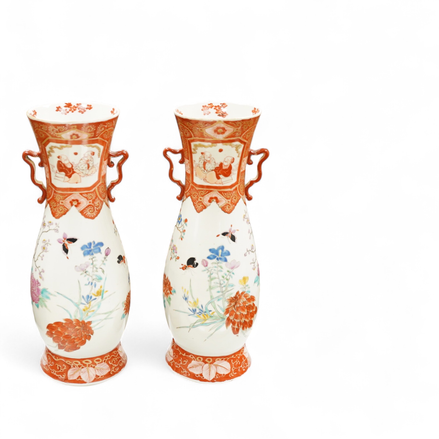 A pair of tall Japanese two handled Kutani style vases, c.1900, 41cm high